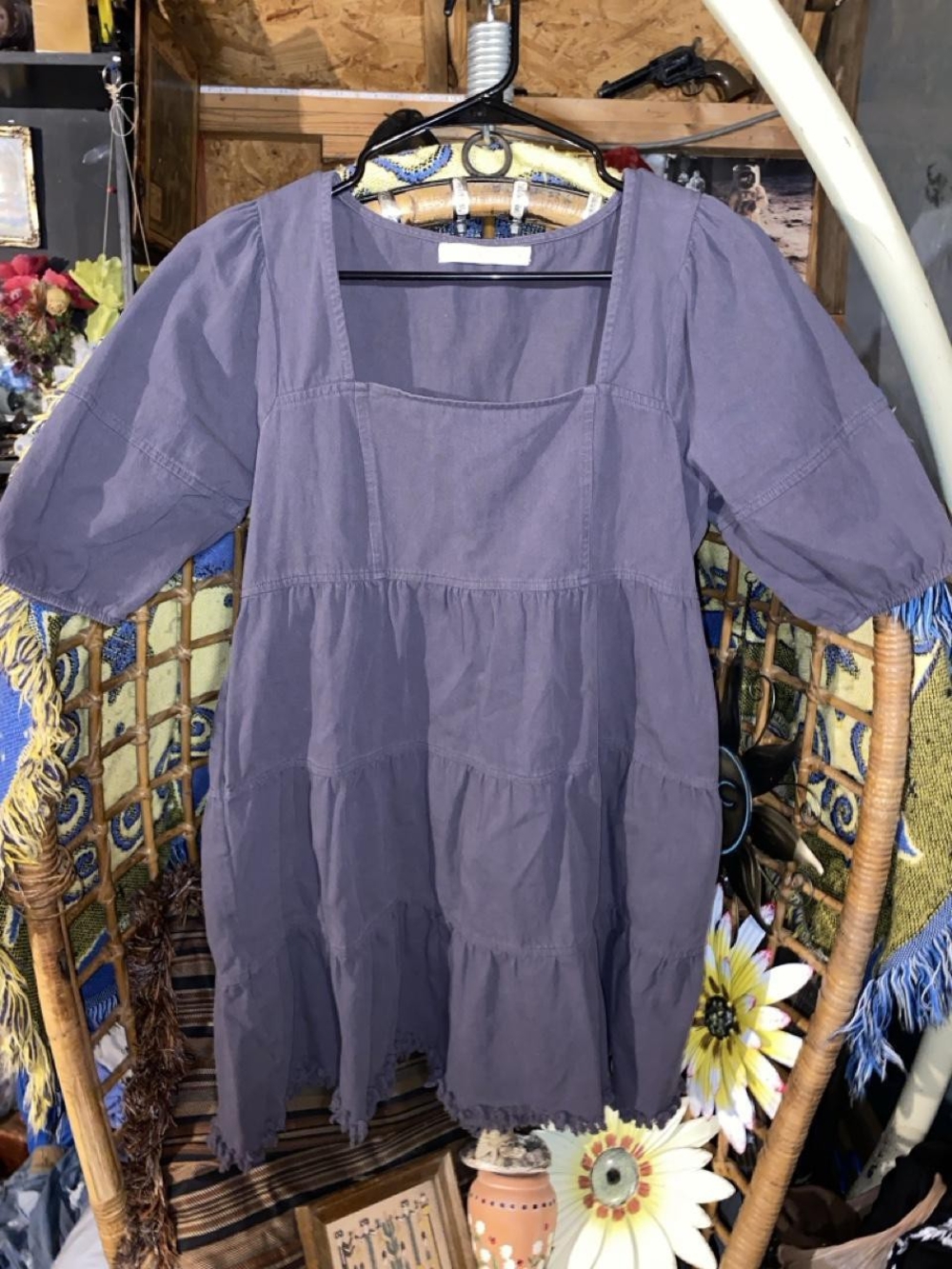 Altar'd State Tiered Puff Sleeve Dress Purple Blue Boho Raw Hem Mini - Size S